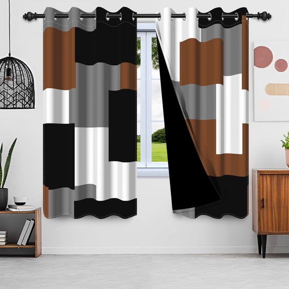 Black Brown Blackout Curtain Set of 2 Panels,Geometry Modern Plaid Thermal Insulated Window Drapes for Living Room,42x63 inch Long Grommet Curtain