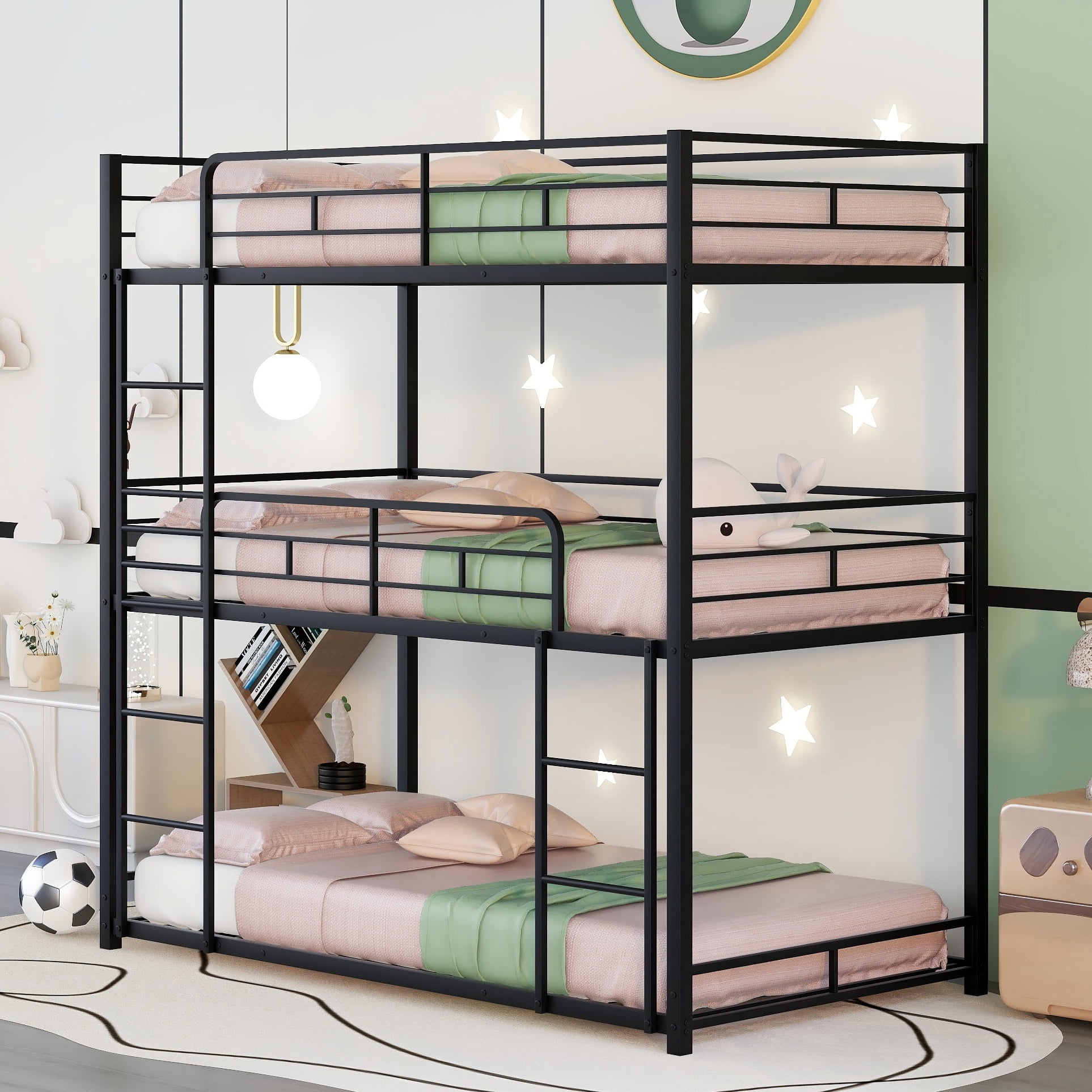 Bellemave Triple Bunk Bed, Twin Over Twin Over Twin Metal Triple Bunk