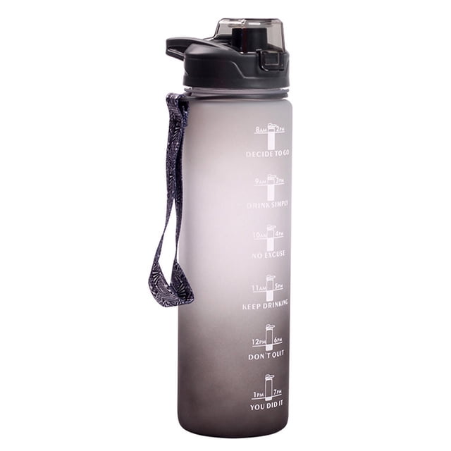 Botella de agua inspiradora, segura, no tóxica, sin BPA, a prueba de fugas, para beber al aire libre, marcador de tiempo, motivación, 1 litro, degradado en blanco y negro