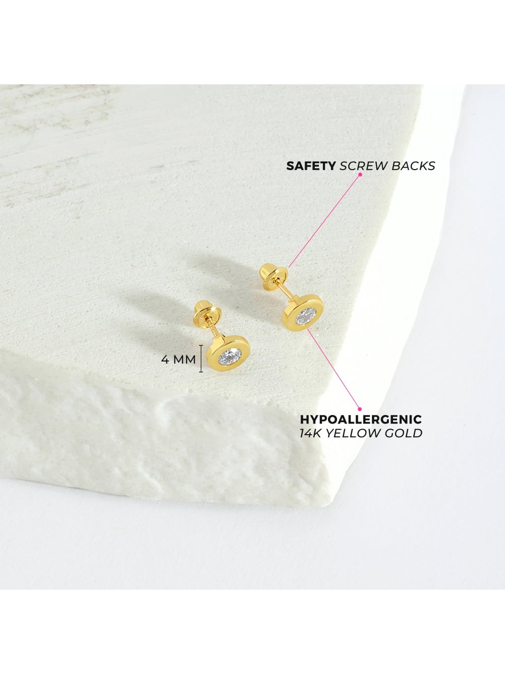 14k Gold Round Bezel 4mm Kids / Children's / Girls Earrings Safety Screw Back