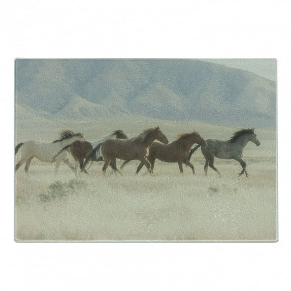 Landscape Cutting Board, Wild Mustang Horses Herd Running in a Valley Utah Outdoor Scenery Photography, Decorative Tempered Glass Cutting and Serving Board, in 3 Sizes, by Ambesonne