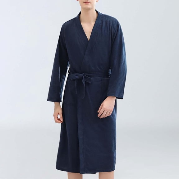 Frnrwgo Mens Yukata Robe Soft Lightweight Tie Waist Pockets Solid Color Home Bathrobe