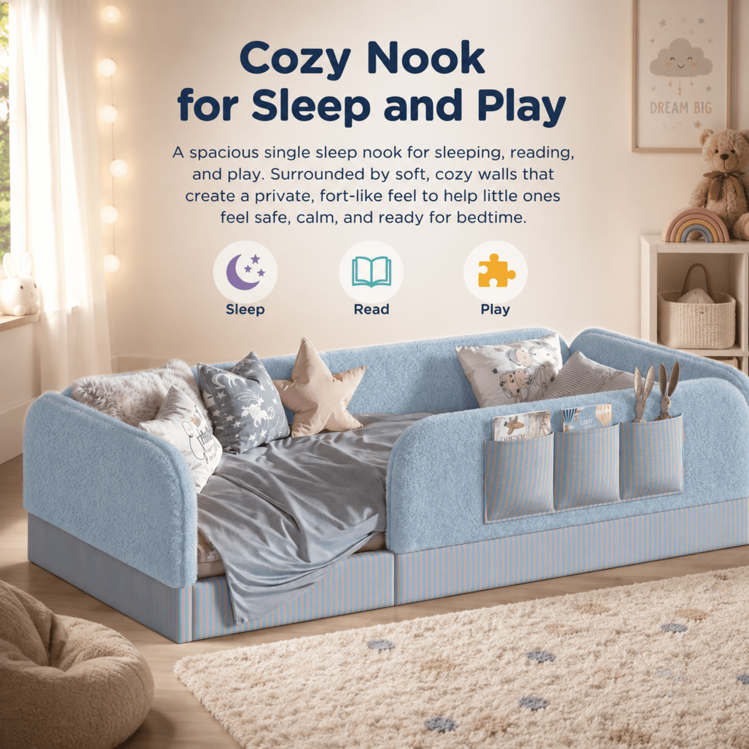 Miniyam Twin Size Montessori Floor Bed for Kids, Upholstered Teddy Fleece Low Profile Bed Frame, Blue