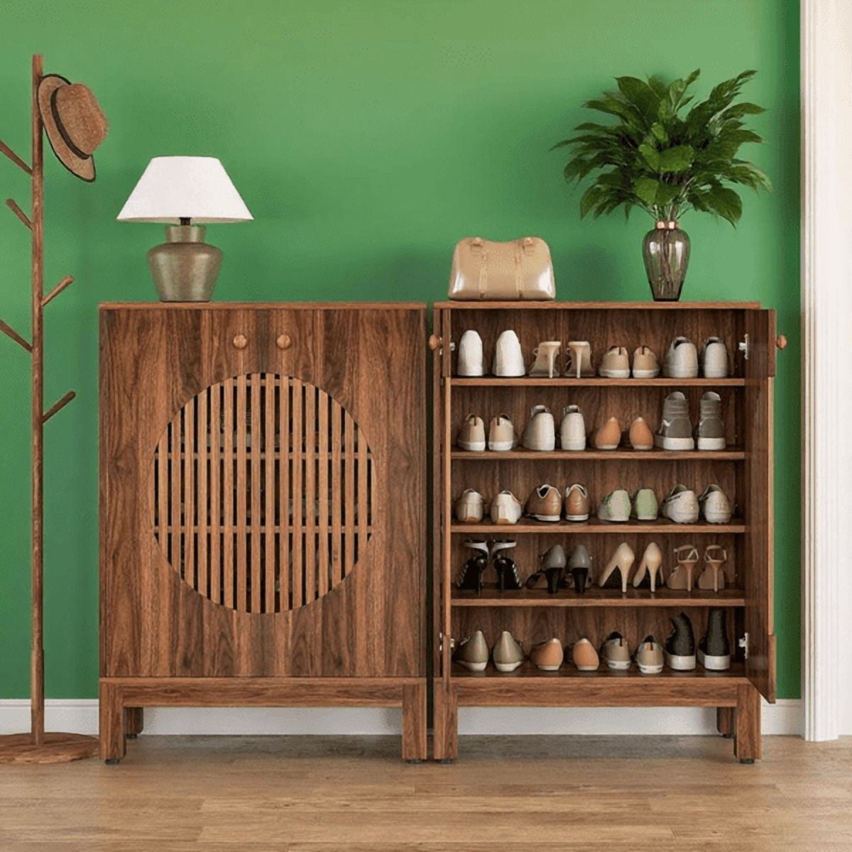 5-Tier Farmhouse Shoe Cabinet with Louvered Doors - 20-Pair Capacity, Adjustable Shelves, Rustic Design for Entryway, Living Room, Multi-Purpose Storage