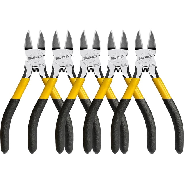 BOOSDEN 5" Wire Cutters, 5 Pack, Precision Cutting Pliers, Ultra Sharp Wire Snips Wire Clippers, Spring Loaded Flush Cutter, Diagonal Cutting Pliers