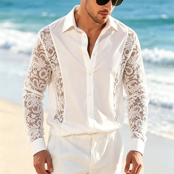 mens see through dress shirt Men's Lace Shirts Blouse Sheer Short Sleeve Button Down Fishnet Beach Shirts : Clothing, Shoes & Jewelry stylish events Mens See Through Dress Shirt