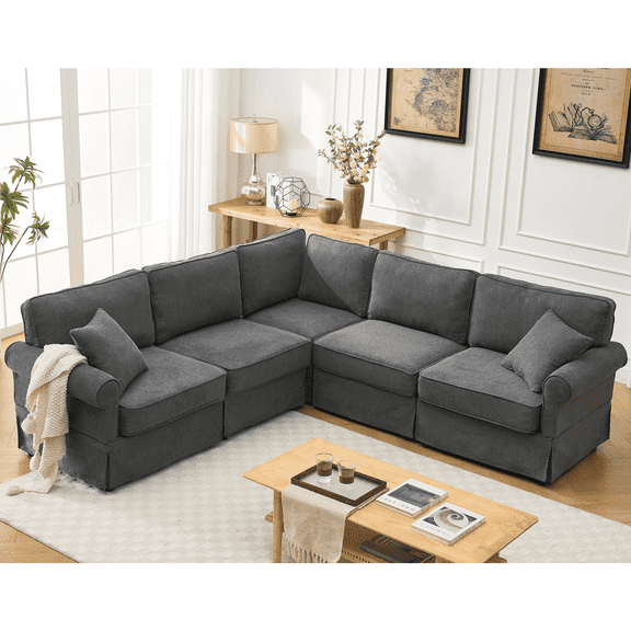 Newboti Modular Sectional Sofa Set,Convertible L Shaped Couch, 5 Seat,Reversible Sectional Sofa Couch,Upholstered,Corner Sofa,Rolled Arms,Soft Linen Fabric, Dark gray 102334653181516