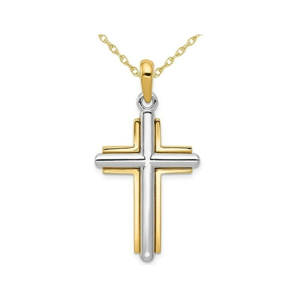 Collier pendentif croix en or jaune et blanc 14 carats avec chaîne