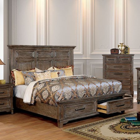 1pc Queen Size Storage Bed Tall Panel Headboard Bedroom Furniture Rustic Oak Finish
