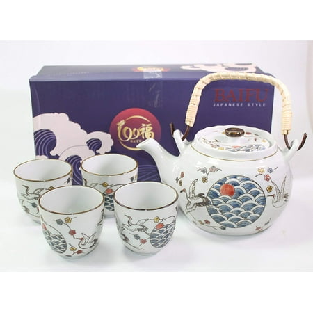 Japanese Teacup Set - F15715 White Crane Heron Japanese Teapot set with 4 Tea Cups ~ Japanese Antique Design and Filter Gift/Birthday gift/Kitchen/Teapot/idea for gift
