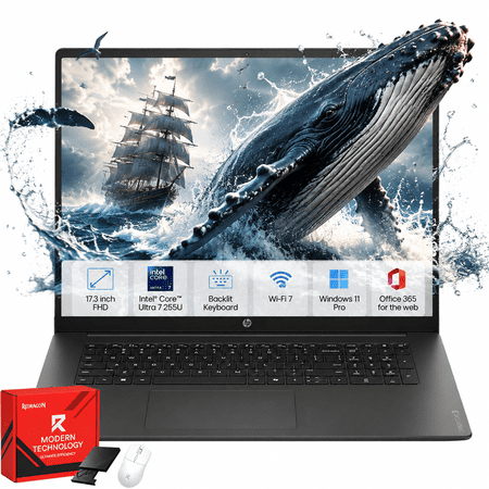HP OmniBook 3 17 Laptop, 17.3 inch FHD, Intel Core Ultra 7 255U, 32GB RAM, 2TB SSD, Backlit Keyboard, Wi-Fi 7, Windows 11 Pro, Mica Silver