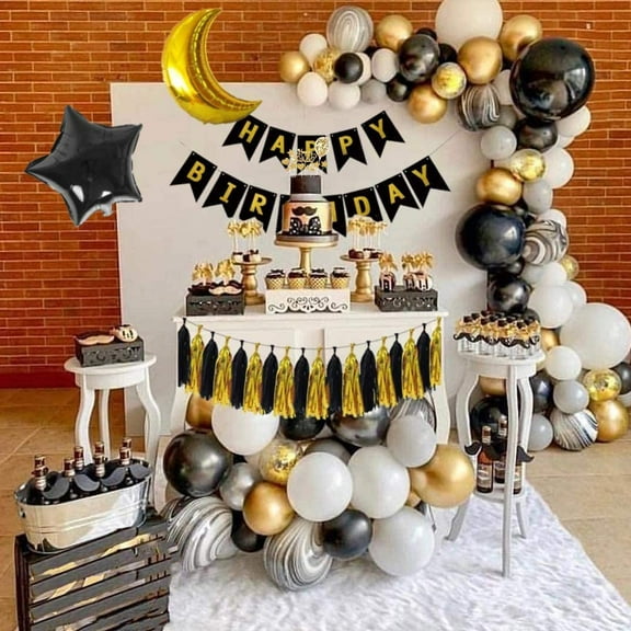 SPECOOL Birthday Party Decorations Kit, 9.44 x 7.87 x 1.57 in Latex Black and Gold, 63 Count