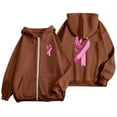 thumbnail image 4 of Cute Sweatshirts For Women Solid Color Zip Up Hoodie Pullover Cancer Awareness Month Drawstring Casual Comfortable For Everyday Wear Tops Clothes With Pocket Brown S, 4 of 6