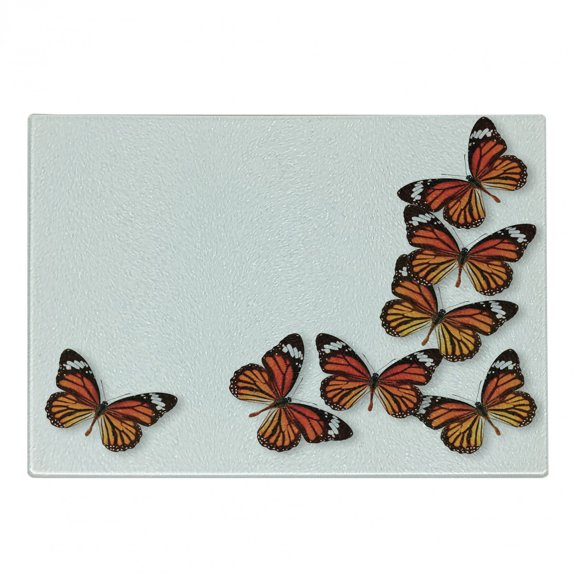 Butterflies Cutting Board, Monarch Butterfly Flying Frame Insect Exotic Weather, Decorative Tempered Glass Cutting and Serving Board, Small Size, Dark Brown Marigold, by Ambesonne