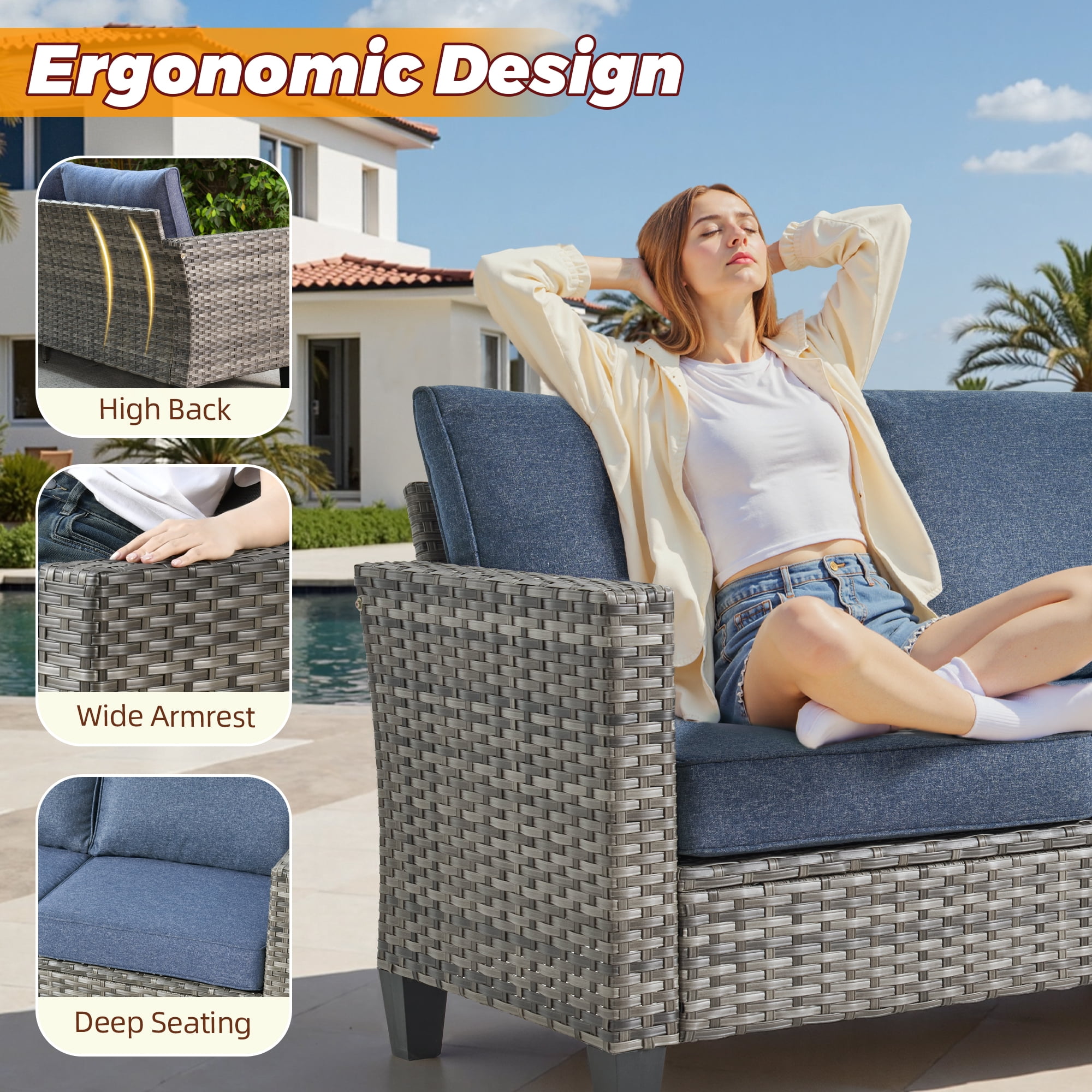 XIZZI Outdoor Patio Furniture Sets with Solar Coffee Table, All-Weather Wicker Rattan Outdoor Furniture Conversation Set for Porch, Patio, Backyard--Blue