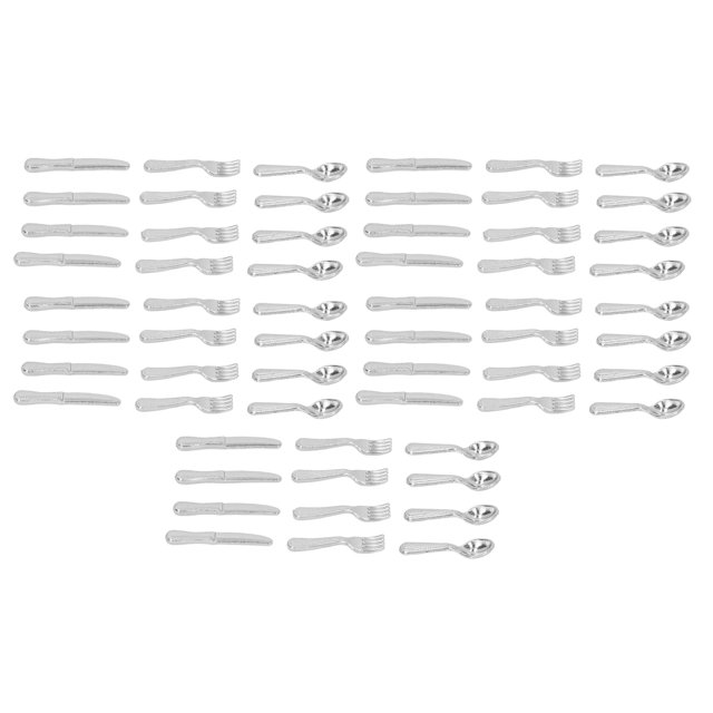 Paquete de 5 cuchillos, tenedores y cucharas en miniatura, escala 1/12, juego de vajilla para casa de muñecas, utensilios de cocina plateados.
