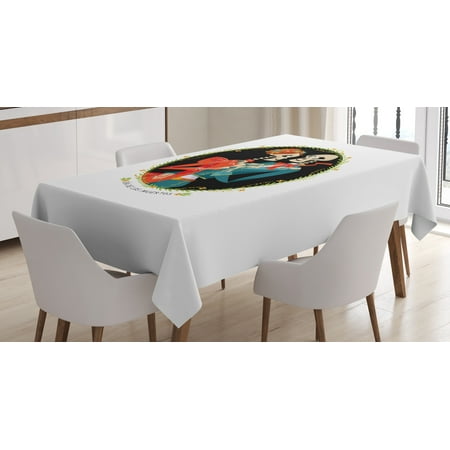 - Day of the Dead Tablecloth, Skeleton Couple in Love Oval Frame with Green Leaves Mexican Tradition, Rectangular Table Cover for Dining Room Kitchen, 52 X 70 Inches, Multicolor, by Ambesonne