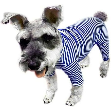 Harikaji Pet Clothes, Dog Striped Four-Leg Jumpsuit Cotton Pajamas Breathable Comfy Shirt Costume for Puppy Small Dog (XS, Navy Blue)