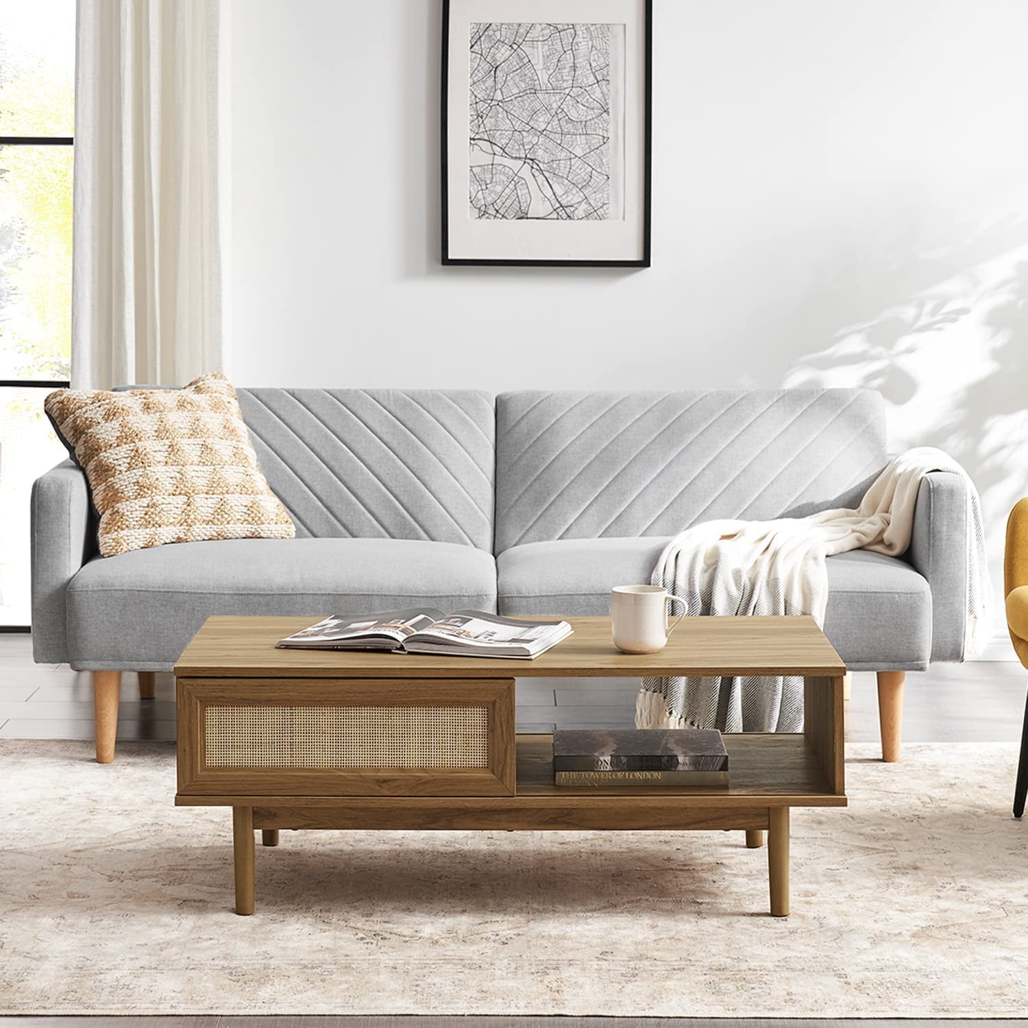 mopio Haylee Coffee Table, Modern Boho Farmhouse Natural Rattan Living Room Small Center Coffee Table with Storage (Oak)