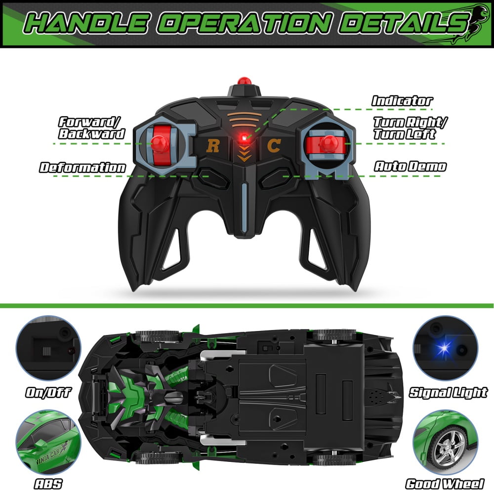 Wupuaait 2.4Ghz Transform Rc Cars 1:18 Scale Remote Control Car Transforming Robot, One-Button Deformation 360° Rotation Car Toy Gifts for Boys 3-12, Ninja