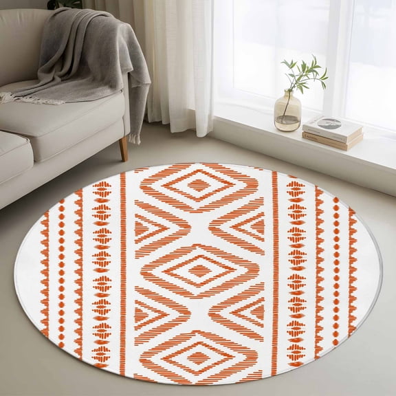 Round Rugs 3Ft, Orange Boho Round Area Rug Washable Indoor Throw Carpet, Vintage Southwestern Geometric Stripes Small Non Slip Circle Rug for Bedroom Living Room Home Decor Aesthetic