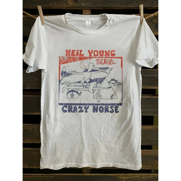 Women's Vintage Neil Young Crazy Horse Graphic T-Shirt - 100% Cotton Soft Breathable Short Sleeve Round Neck Top with Retro Band Art Print, Machine Washable Casual Summer Tee for Music Fans
