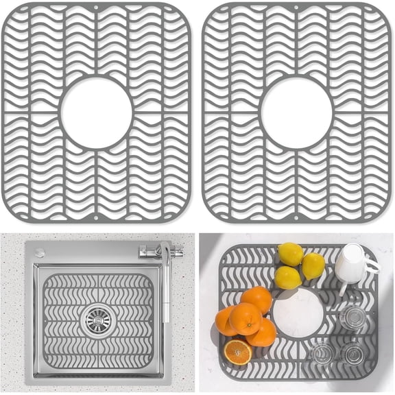 2Pcs Sink Protectors for Kitchen Sink, Silicone Sink Mat 13.6" x 11.6", Center Drain Cuttable Heat Resistant Sink Protector, Gray