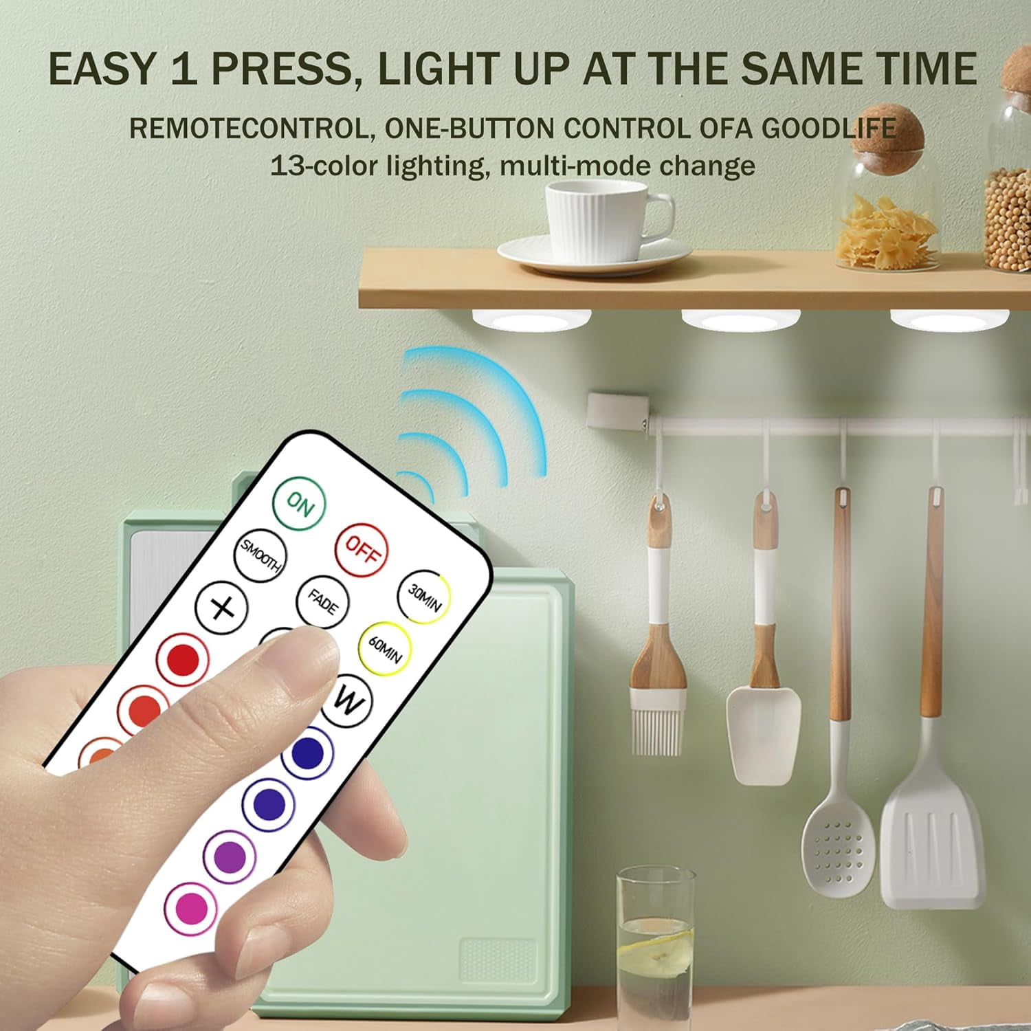 JJEAN-Puck Lights, 13 Colors Changeable LED Puck lightings Battery Powered Dimmable Under Cabinet Lights, Battery Powered Under Counter Lights with Wireless Remote Controls for Kitchen