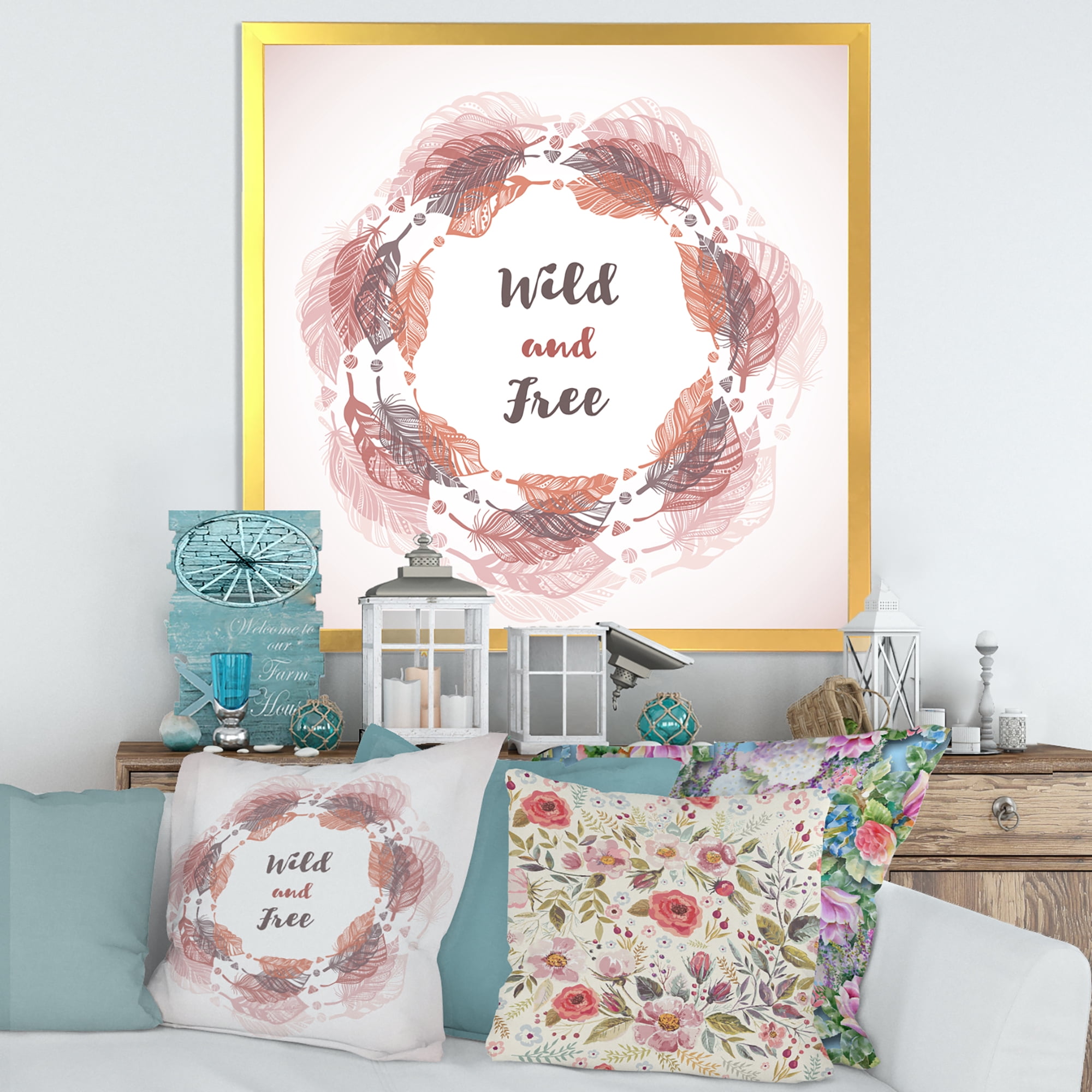 Designart 'Wild and Free Feather Wreath In Boho Style' Bohemian & Eclectic Framed Art Print
