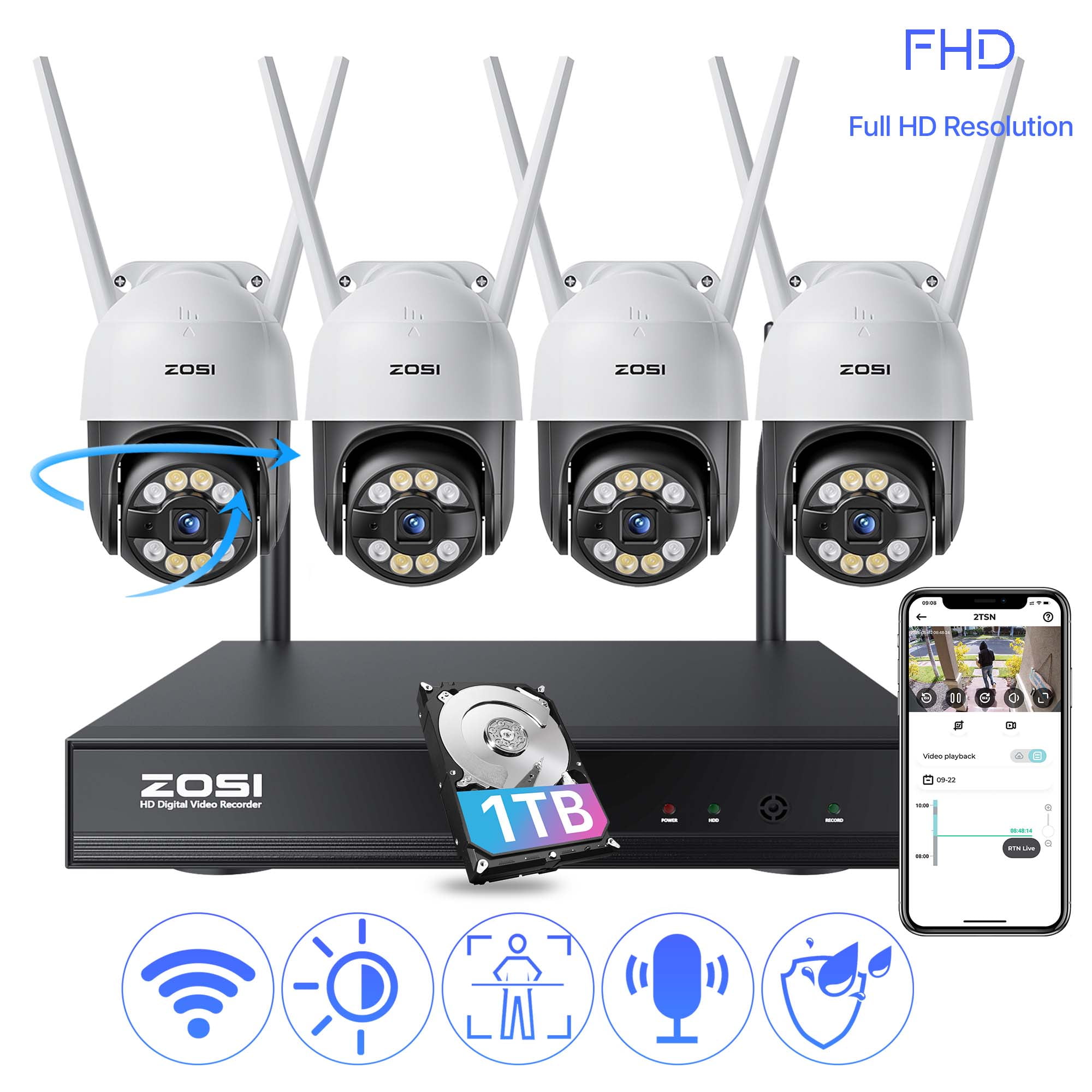 3MP PTZ WiFi Security Camera System with Two Way Audio, ZOSI 360 Outdoor Wireless Security Camera with Color Night Vision, Waterproof, 1TB HDD for 24-7 Recording, Home Security