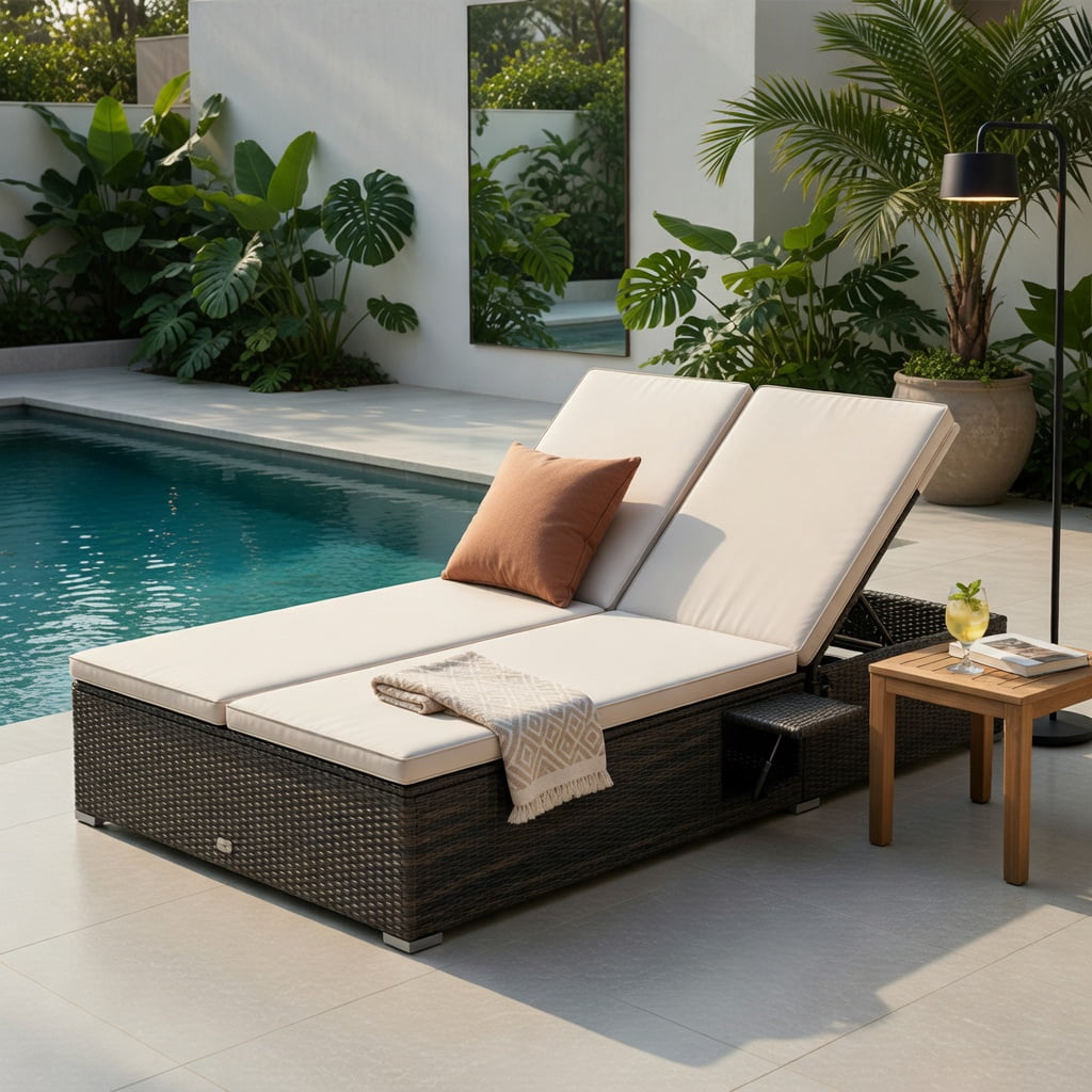 Hommoo Double Chaise Lounge with Adjustable Backrest, Retractable Canopy & Folding Side Tables, PE Rattan Patio Lounger for Backyard, Poolside & Deck, Brown