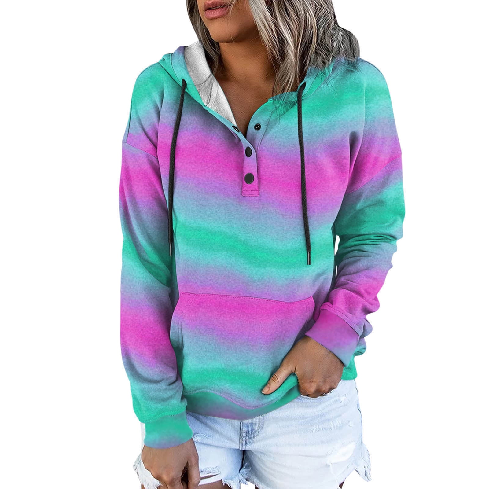 Sayhi Women Hoodies Basic Loose Oversized Sweatshirt Solid Color Long  Sleeve Tops Hooded Casual Streetwear Pullover