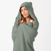Comfy Cubs Adult Hooded Towel Large, 58 x 58 - Muslin Cotton Wearable Blanket, Fern