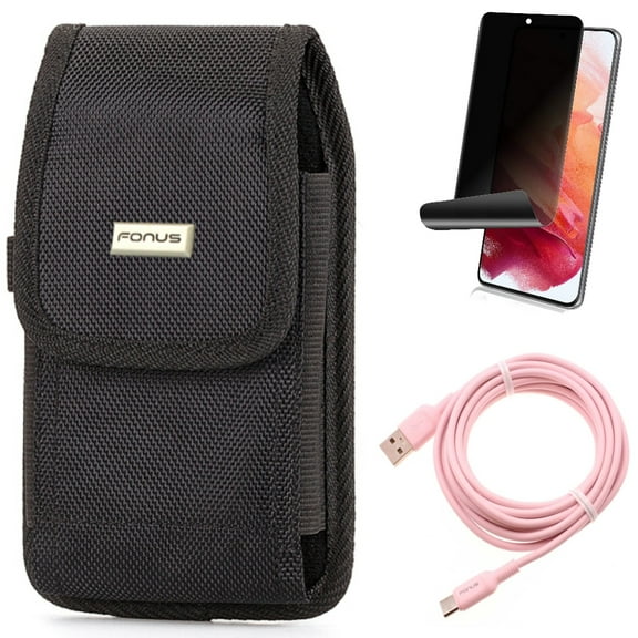 Case Belt Clip & 10ft Long USB-C Cable & Privacy Screen Protector for Samsung Galaxy S22 (6.1") - Rugged Holster & Pink Charger Cord & TPU Film Fingerprint Works Accessory Bundle