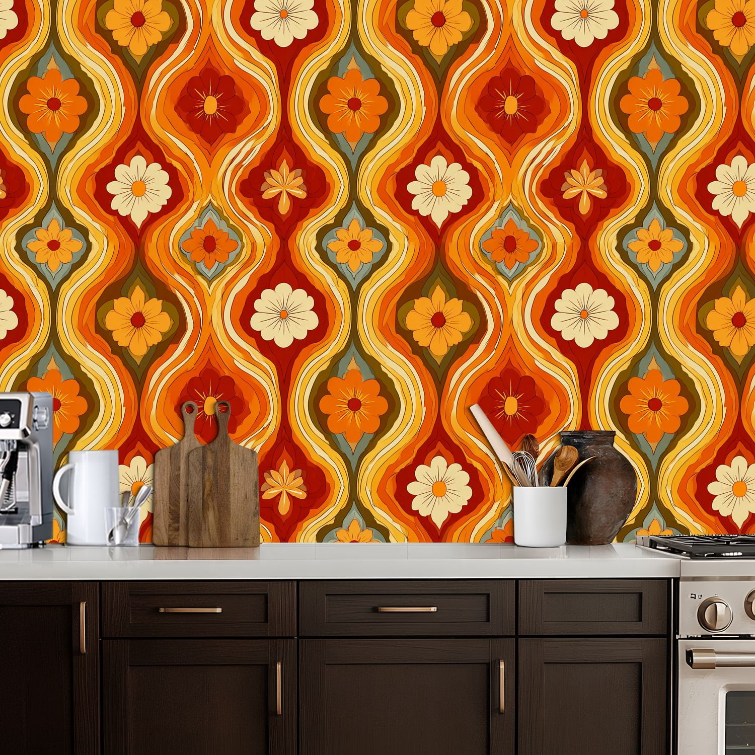 Vintage Peel and Stick Wallpaper Retro Floral Warm Tones Orange Red Yellow Wall Mural 17.7in x 9.8ft Self Adhesive Removable Wall Paper Renter Friendly Wallpaper for Nursery Bedroom Cabinets