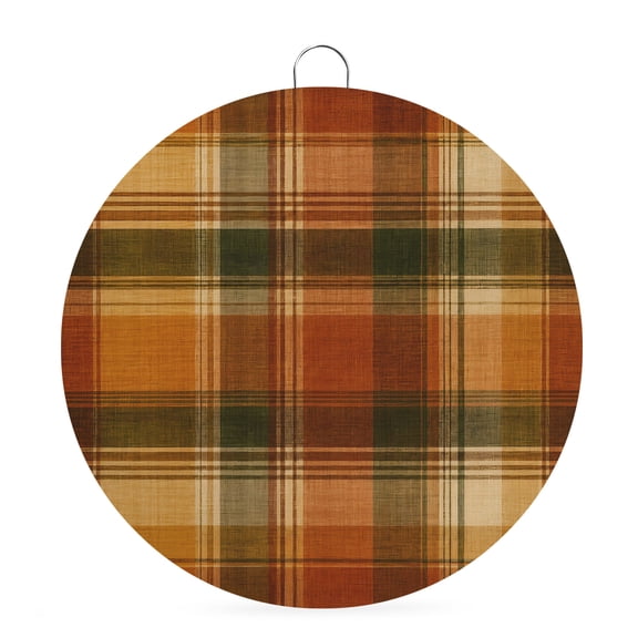 Welcome Sign Front Door Decorations, Buffalo Plaid Fall Round Wall Art Outdoor Metal Wreaths, Thanksgiving Orange Brown Autumn Harvest Seasonal Hanging Sign for Home Porch Decor Warming Gift 8 In