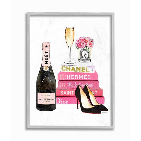 Stupell Industries Glam Pink Fashion Book Champagne Hells and Flowers Framed Wall Art by Amanda Greenwood