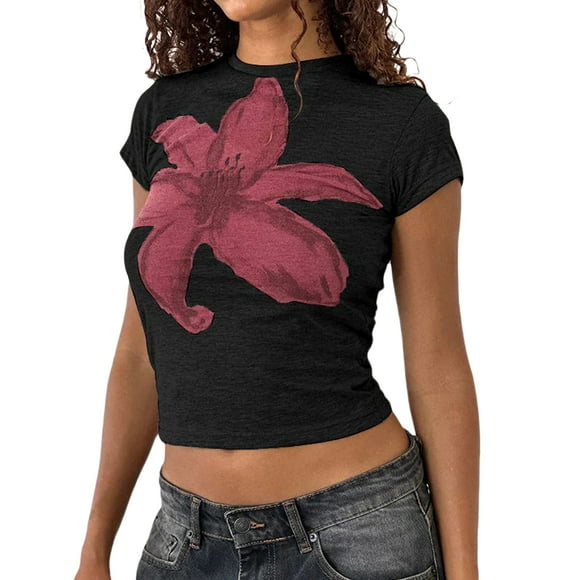 Argulvti Women T-shirt, Crew Neck Short Sleeve Flower Print Polyester Slim Fit Summer Tops for Casual Daily
