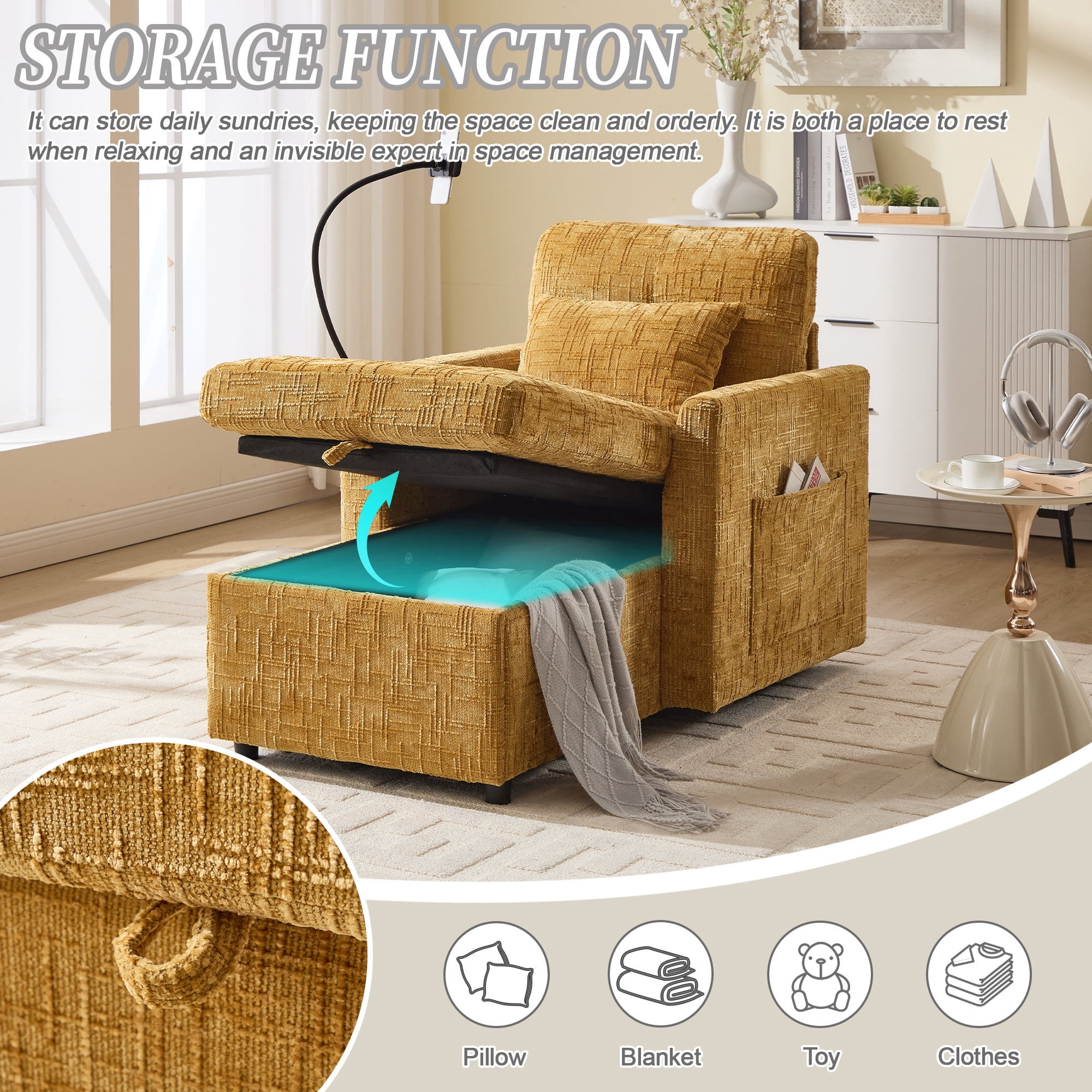 EPOWP Multifunctional lazy person sofa recliner can be stored storage backrest with cell phone bracket chenille single leisure chair for living room bedroom small household