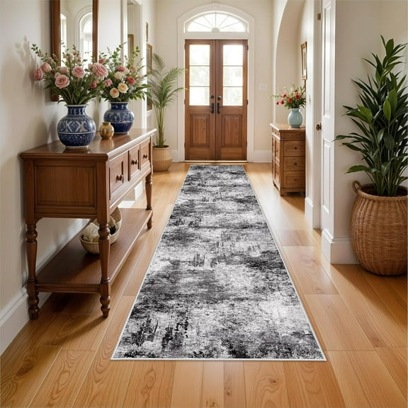 RUUGME Hallway 3x12 Runner Rug - Runner Rug Stain Resistant for Living Room Non Slip Indoor Entryway Rubber Backing Carpet Bedroom Kitchen Distressed Floor Decor Mat Machine Washable 3x12 BlackA