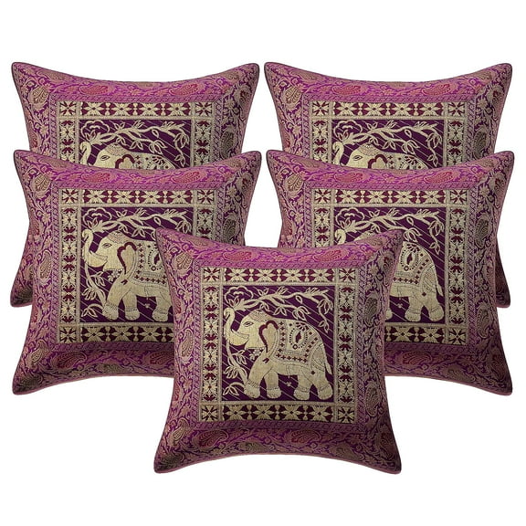 Stylo Culture Ethnic Chair Seat Throw Pillow Covers 16x16 Jacquard Purple Square 40x40 cm Home Decor Brocade Elephant Floral Zippered Cushion Covers | Set Of 5