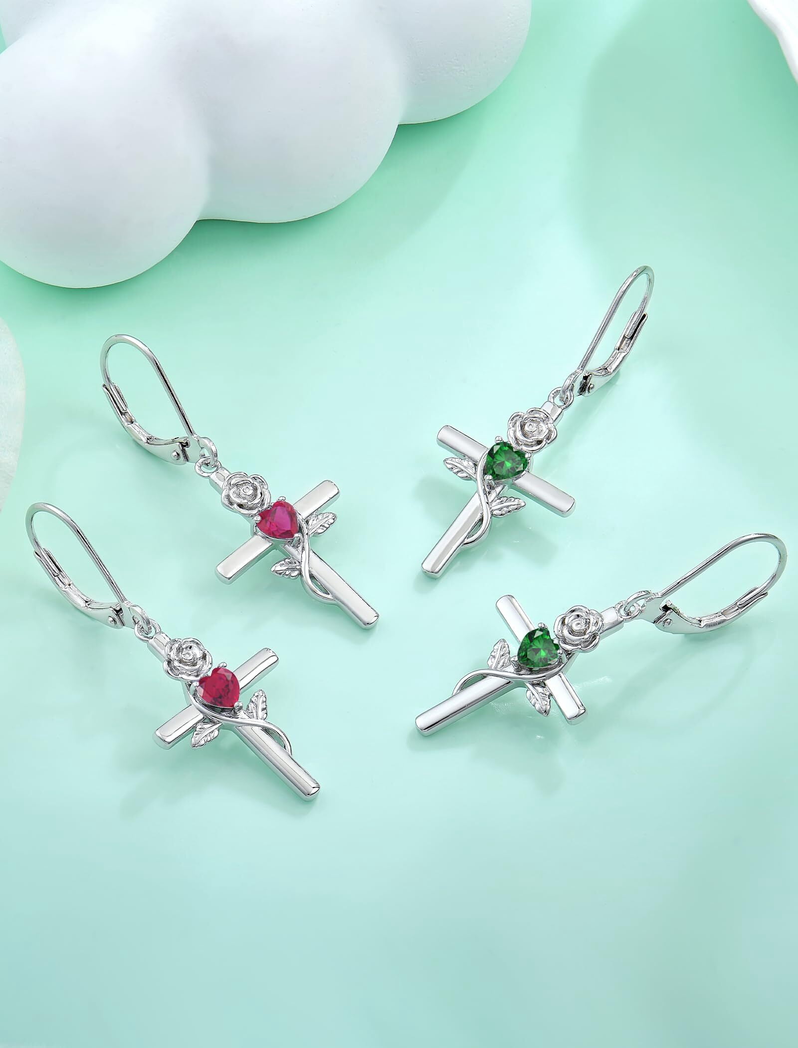 VESITIM Cross Earrings for Women Rose Flower Earring 925 Sterling Silver Dangle Drop Religious Jewelry Gift with Heart Created Emerald Birthstones