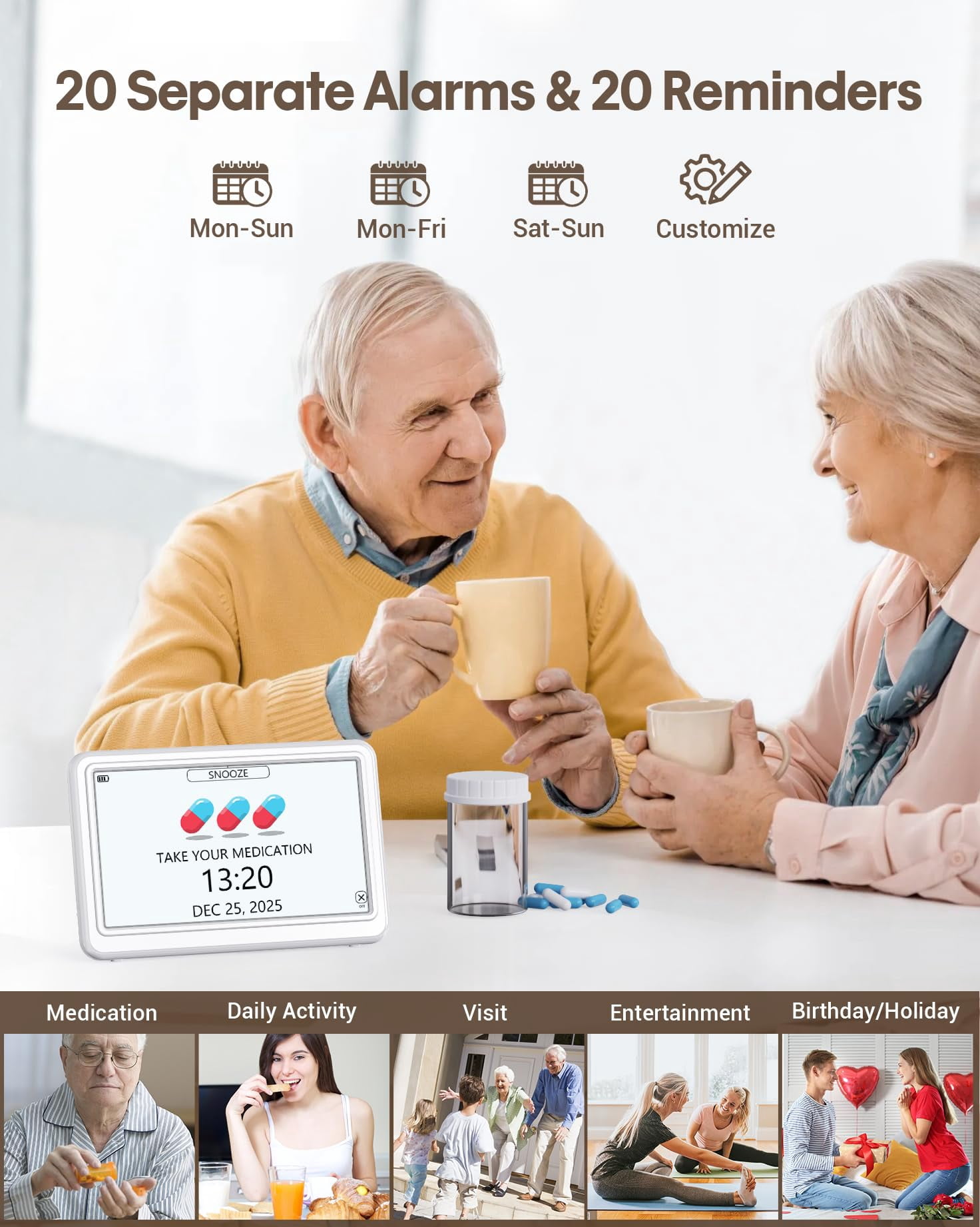 Digital Clock With Date And Day Of Week  Dementia Clocks Operated Alarm 20 Alarms Reminders 7" Large Display Desk For White (with Rechargeable Battery)