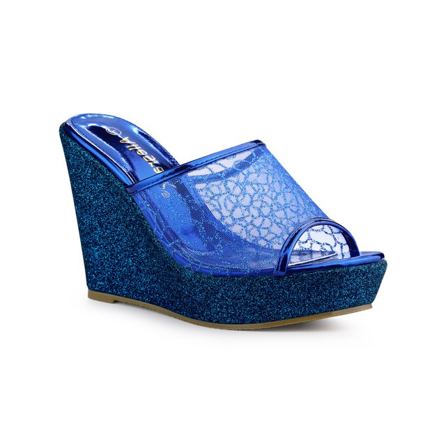 BLISSFUL STEP Sandales pour Femmes à Plateforme Compensée à Paillettes Sandales à Enfiler Bleu 8,5