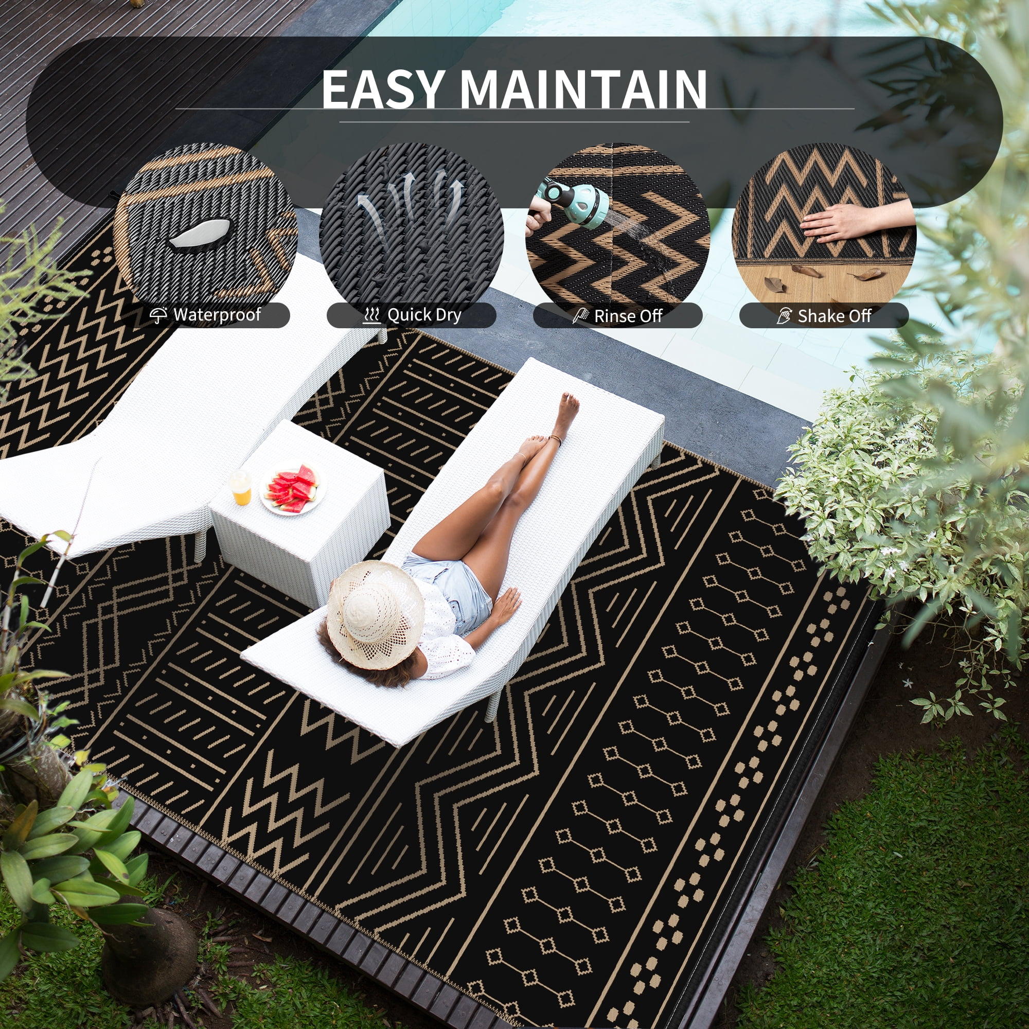 SIXHOME Outdoor Rug 8'x10' Waterproof Patio Rug Reversible Indoor Outdoor Rug Lightweight Plastic Straw Rug for RV Camping Deck Balcony Boho Porch Decor Black and Brown