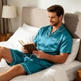 thumbnail image 6 of Garbnen Silk Mens Pajama Set 2 Piece Short Sleeve Button Down Sleepwear Pjs Shorts Set Soft Mens Loungewear Pajama Sets Blue M, 6 of 7