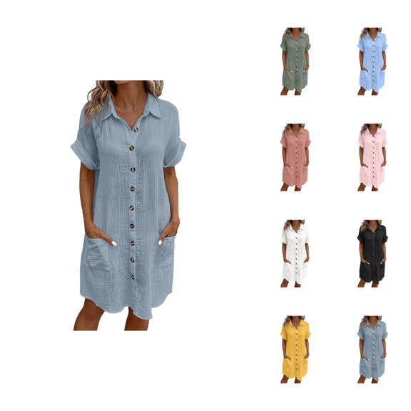 Tshirt Dress Women Short Sleeve Lapel Button Down Loose Knee Length Dresses with Pockets T Shirt Dresses for Women
