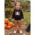 thumbnail image 4 of RUINIXCW Toddler Girls Halloween Outfits Ghost Embroidery Bow Long Sleeve Sweatshirt and Elastic Plaid Flare Pants Set, 4 of 8