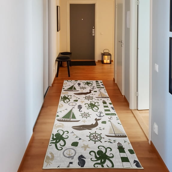 Nautical Decorative Rug, Pastel Colored Composition of Lighthouse Sailboat Fish Shells Octopus, Quality Carpet for Bedroom Dorm and Living Room, 6 Sizes, Dark Green and Brown, by Ambesonne