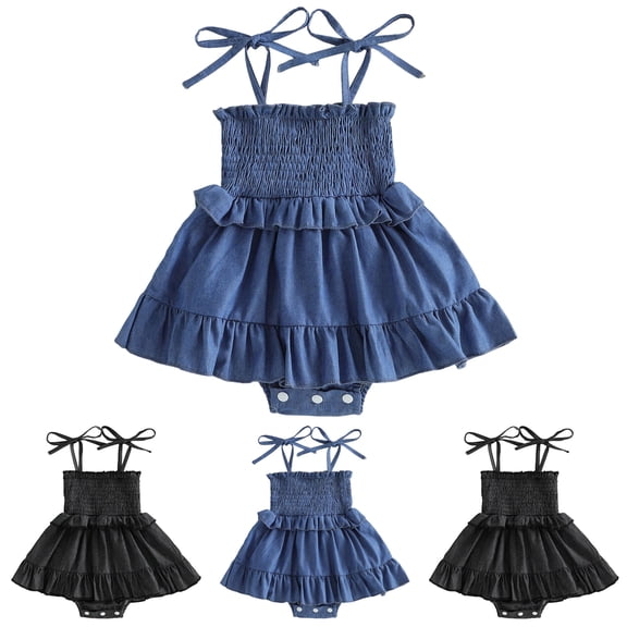 Ulanda Infant Girl Denim Romper Dress Newborn Baby Summer Outfits Sleeveless Tie Up Shoulder Smocked Ruffle Bodysuit (Blue, 6-12 Months)
